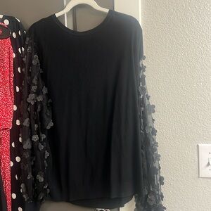 Black blouse soft with see thru sleeves cute flower prints